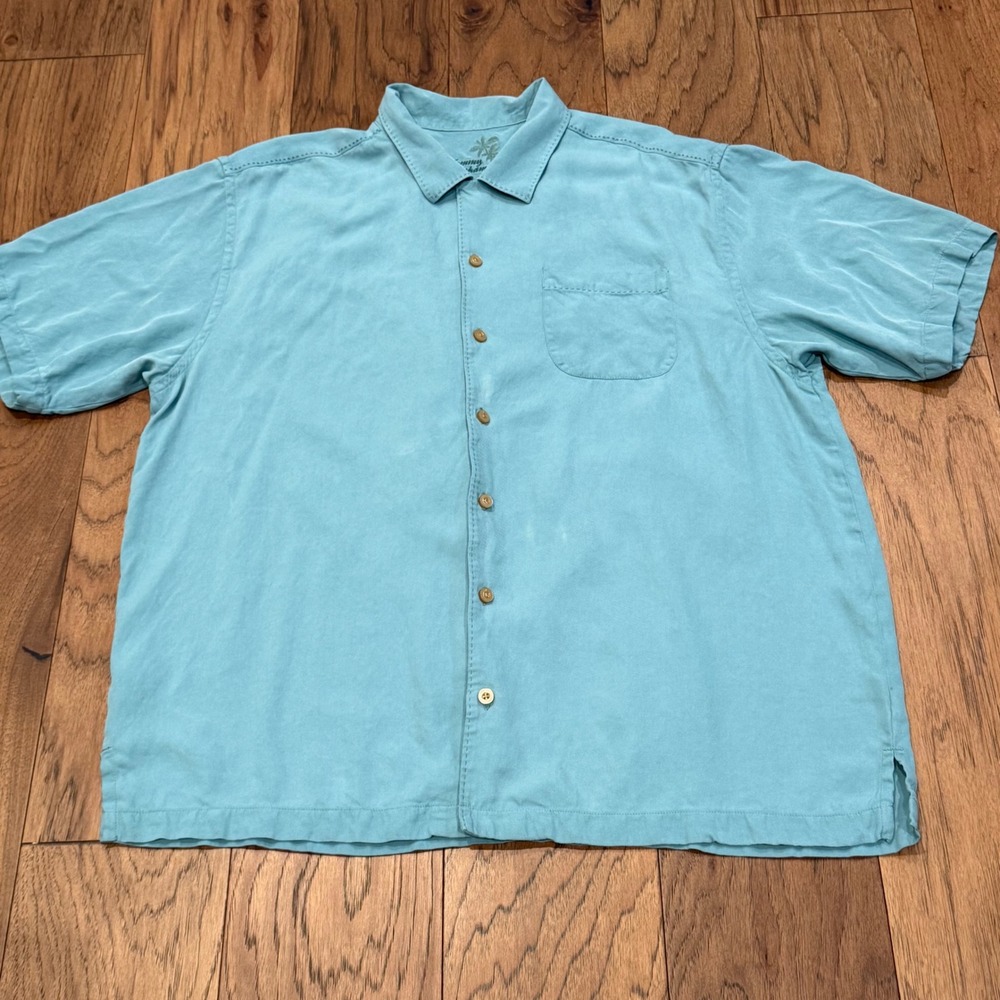 Tommy Bahama Mens XL Silk Short Sleeve Button Down Camp Shirt Blue Pick Stitch